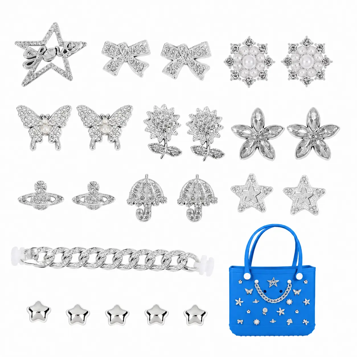 23Pcs Silver Bling Charms for Beach Bag, Decorative Inserts and Chain Accessories Compatible with Bogg Bag, Sparkly Tote Bag Charms for Women