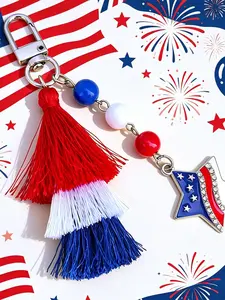 July 4th Patriotic Keychain, Blue Fringe Bag Charm, Star Alloy Pendant, Beaded Decoration, American Flag Key Ring, Independence Day Gift Accessory, Beaded Tassel Keychain