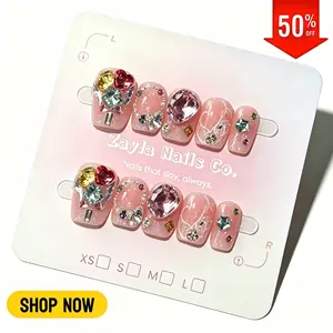 Handmade Press On Nails, Short Square Pink Fake Nails with 3D Heart & Crystal Charms rhinestone decor , Cute Bling Reusable acrylic False Nails art set for Women, Daily Party Wear