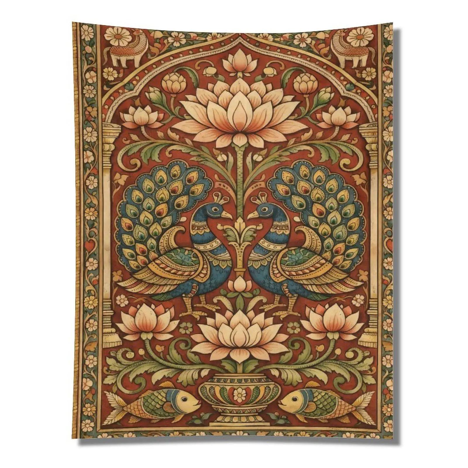 Vintage Indian Folk Double Peacock Lotus Fish Red Ethnic Oriental Boho Farmhouse Wall Tapestry Wall Hanging