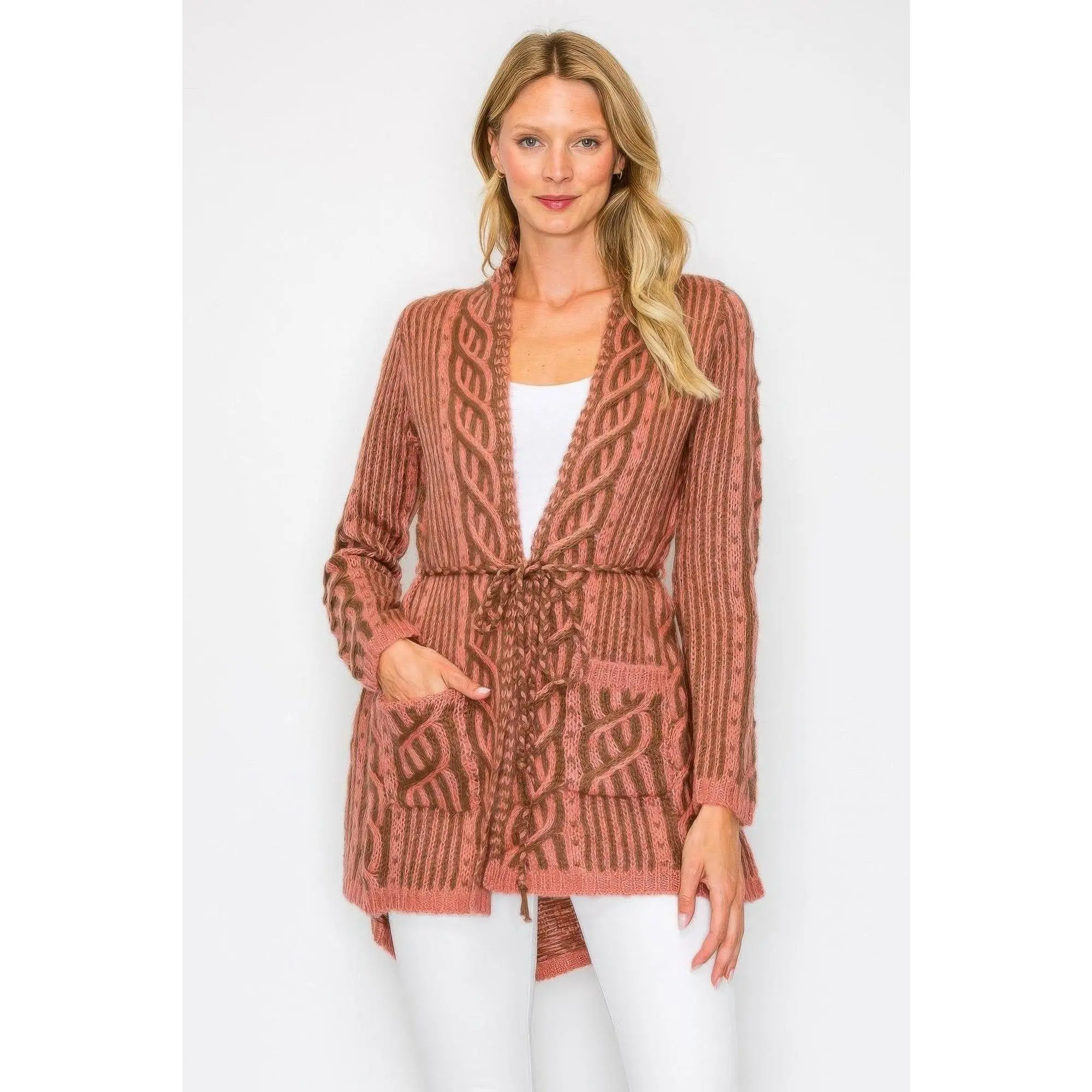 Women's Knitwear Open Wool Cardigan, Adjustable Belt String, Front Pocket, Casual Tops with Flattering Fit