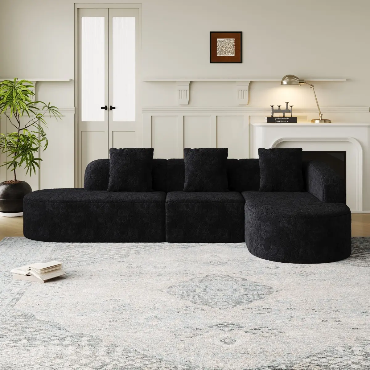 111.8" L-Shaped Modular Cloud Sectional Sofa, Black Chenille Deep Seat Couch with Curved Chaise Lounge, 3-Seater Convertible Sofa for Living Room