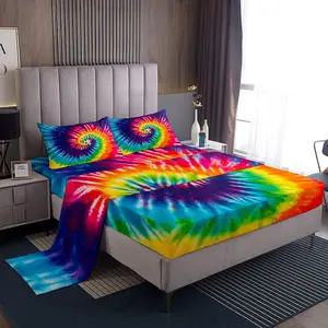Tie Dye Sheet Set,Boho Trippy Swirl Bed Sheets Set,Ultra Soft Bright Colorful Rainbow Luxury Bedding Set,Bohemian Gypsy Easy Care Home Bedding