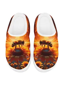 Men's Warm Home Slippers, Sunflower And Bee Print Thick-Soled Plush Slippers for Comfort and Everyday Wear, Winter Soft Indoor Couple Shoes