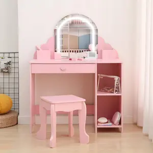 GAOMON Kids Vanity with Lighted Mirror, 2 in 1 Little Girls Vanity Table & Stool, Kids Makeup with Drawer & Open Shelves for 3-9 Yrs Girls,pink