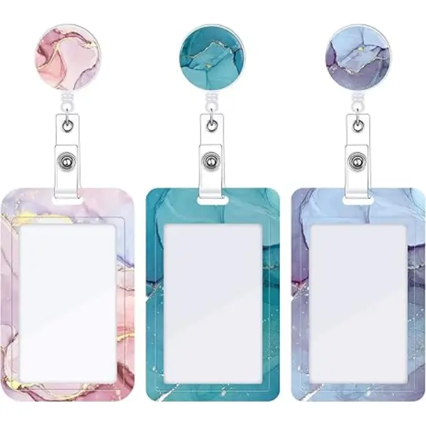 [New Deal] 3-Set Heavy Duty Hard Plastic Badge Holder with Retractable Reel, Marble ID Holder with Clip & Key Card Case, Retractable Badge Scroll & Accessories for Office Professionals [Office Stationery]