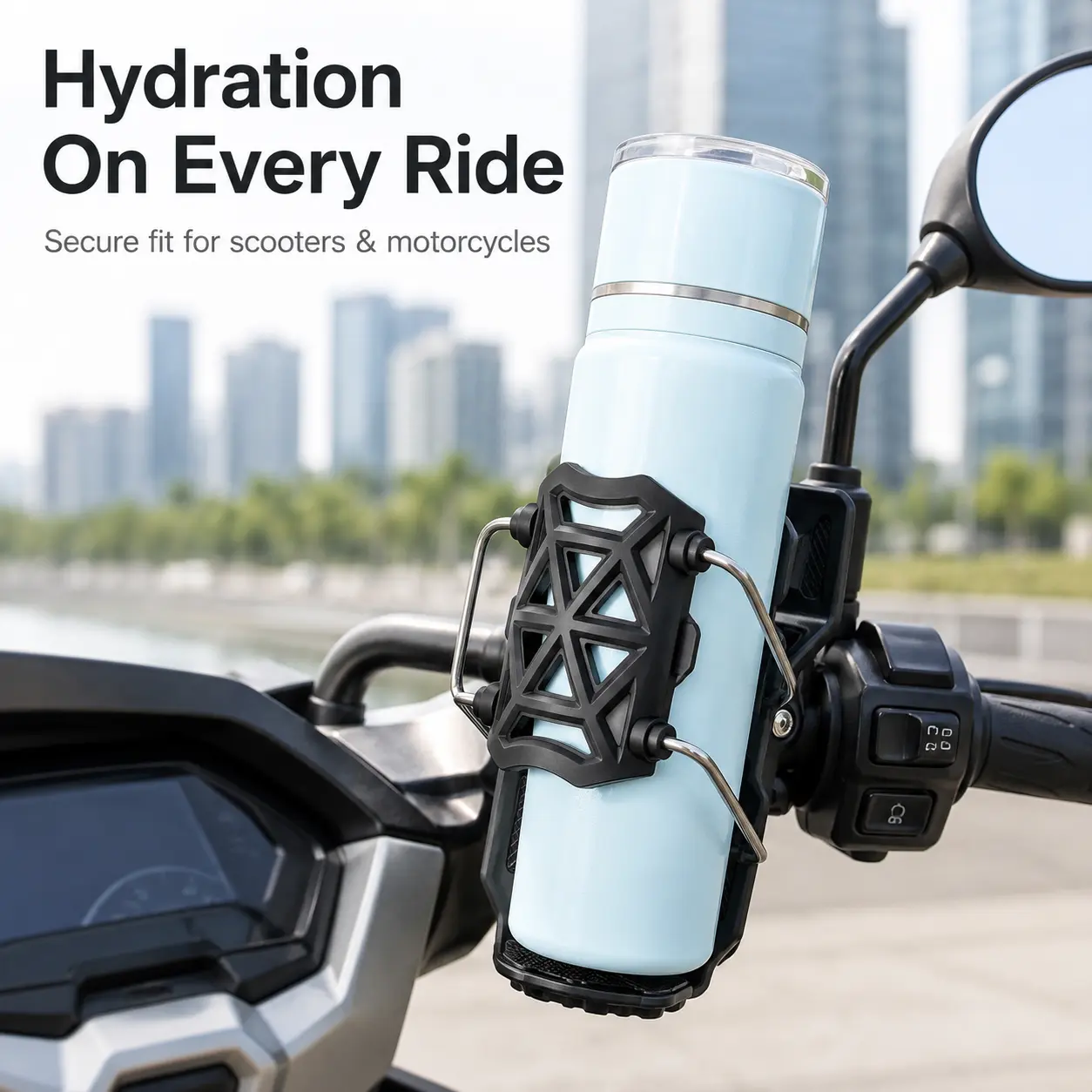Motorcycle Cup Holder, Auto Adjusting 360 Degree Handlebar Drink Holder for Bike, E-Bike and Scooter, Fits 32 to 77 mm Cups and Bottles