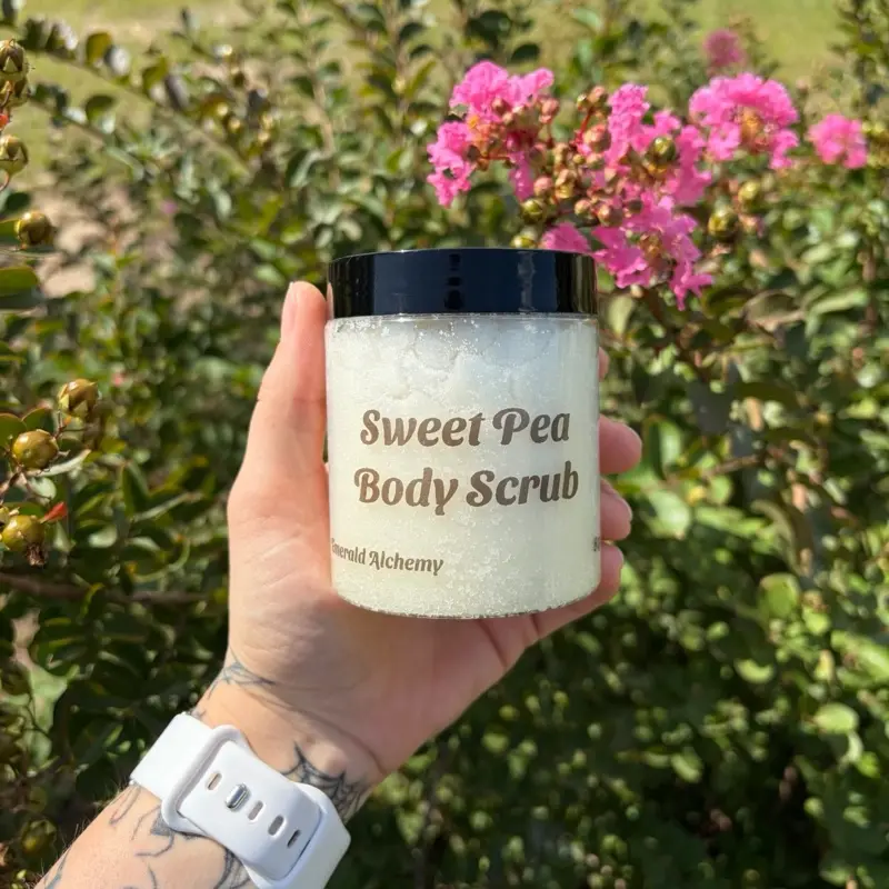 Sweet Pea Sugar Body Scrub 8oz | Exfoliating Body Polish with Jojoba, Avocado & Apricot Oils | Soft, Smooth Glowing Skin