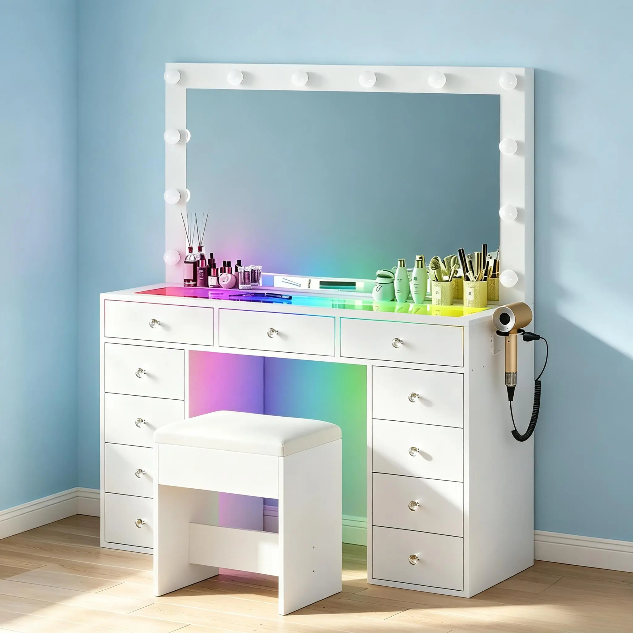 CollaredEagle Full Size Makeup Vanity Desk Furniture - Adjustable Table with LED Lighted Mirror, Power Socket, Multiple Drawers, Padded Stool for Bedroom