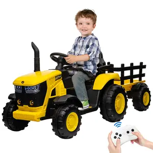Kids Ride On Tractor with Detachable Trailer and Remote Control, 12V Battery Powered Tractor Car Toy, Dual 35W Electric Vehicles with LED Headlights & USB for Boys Girls 3-8