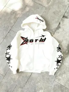 Men's 'World Star' Zip-Up Hoodie | Oversized Fit, Star Print Sleeves, Long Sleeve | Trendy Streetwear Essential | Perfect for Urban Style & Y2K-Inspired Fashion Enthusiasts | Fleece-Lined, Vintage Washed Aesthetic, Casual
