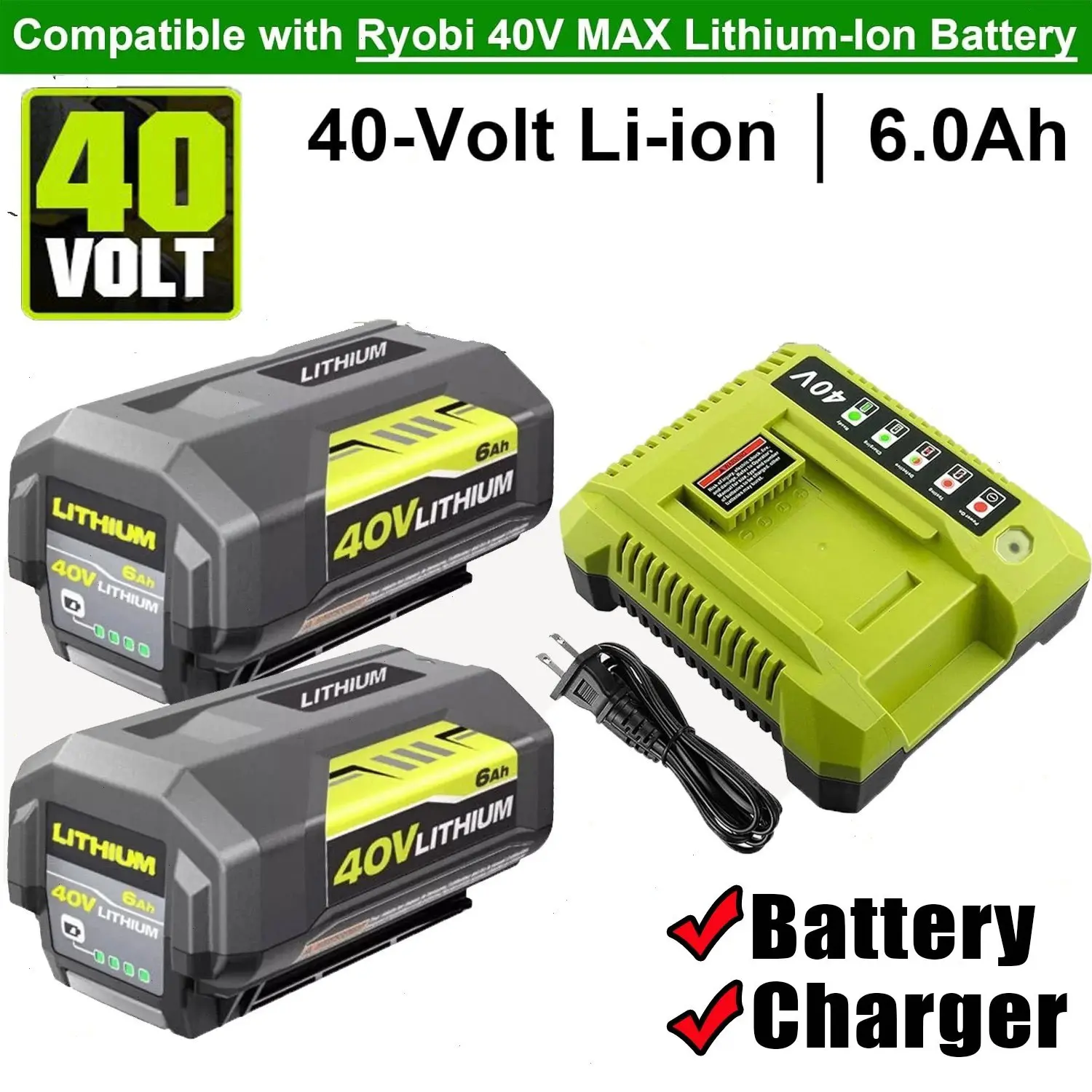 2 Pack 6.0Ah 40 Volt Replacement for Ryobi 40V Battery and OP401 Charger Kit Lithium OP4040 OP40401 OP4026 OP40261 OP4050 OP40601 Heavy Duty