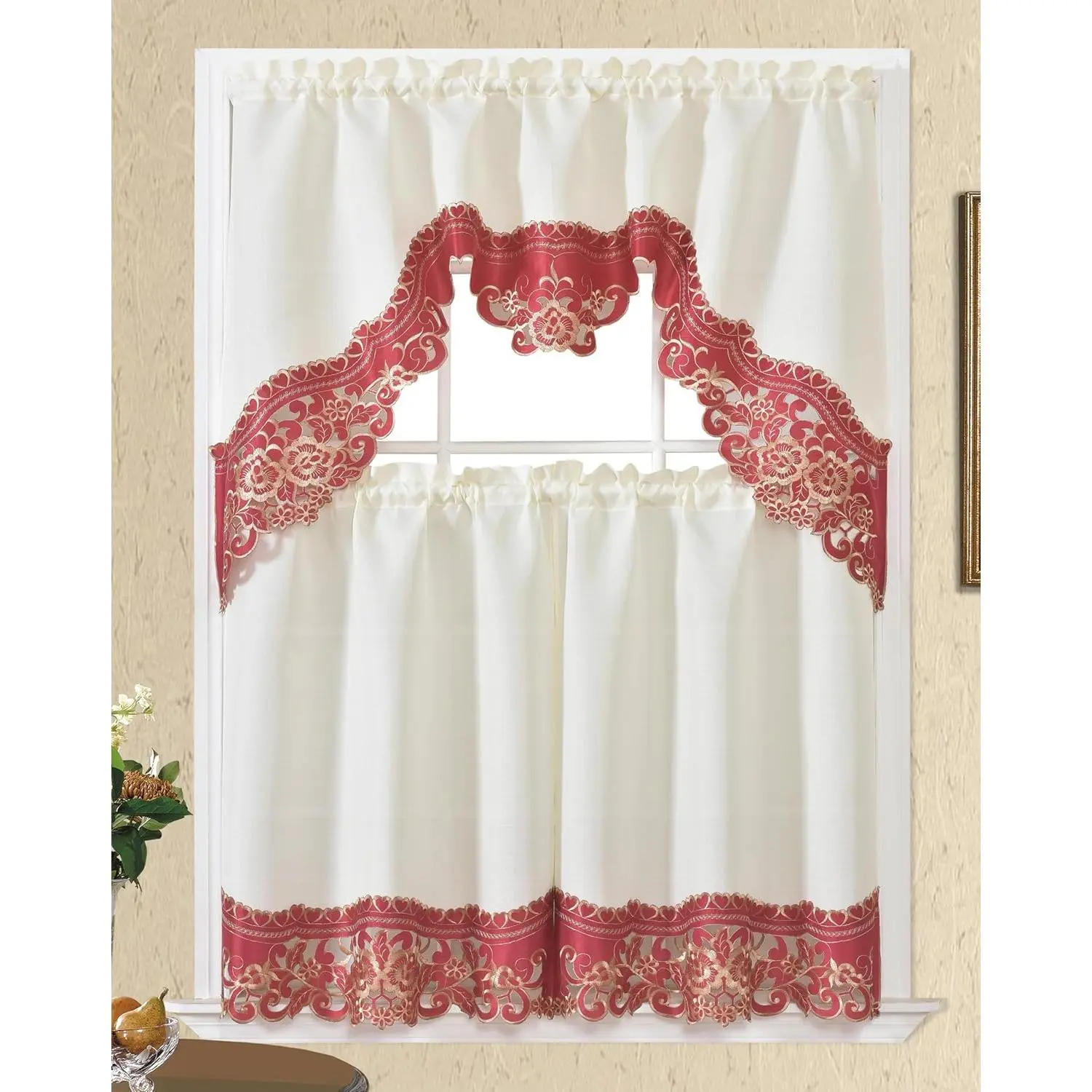 Arch Rosarium 3 count Kitchen Curtain Set, Elegant  Fabric with Rose Embroidery in Distinctive  Thread, Swag and Kitchen Tiers Set with cutworks on Border()