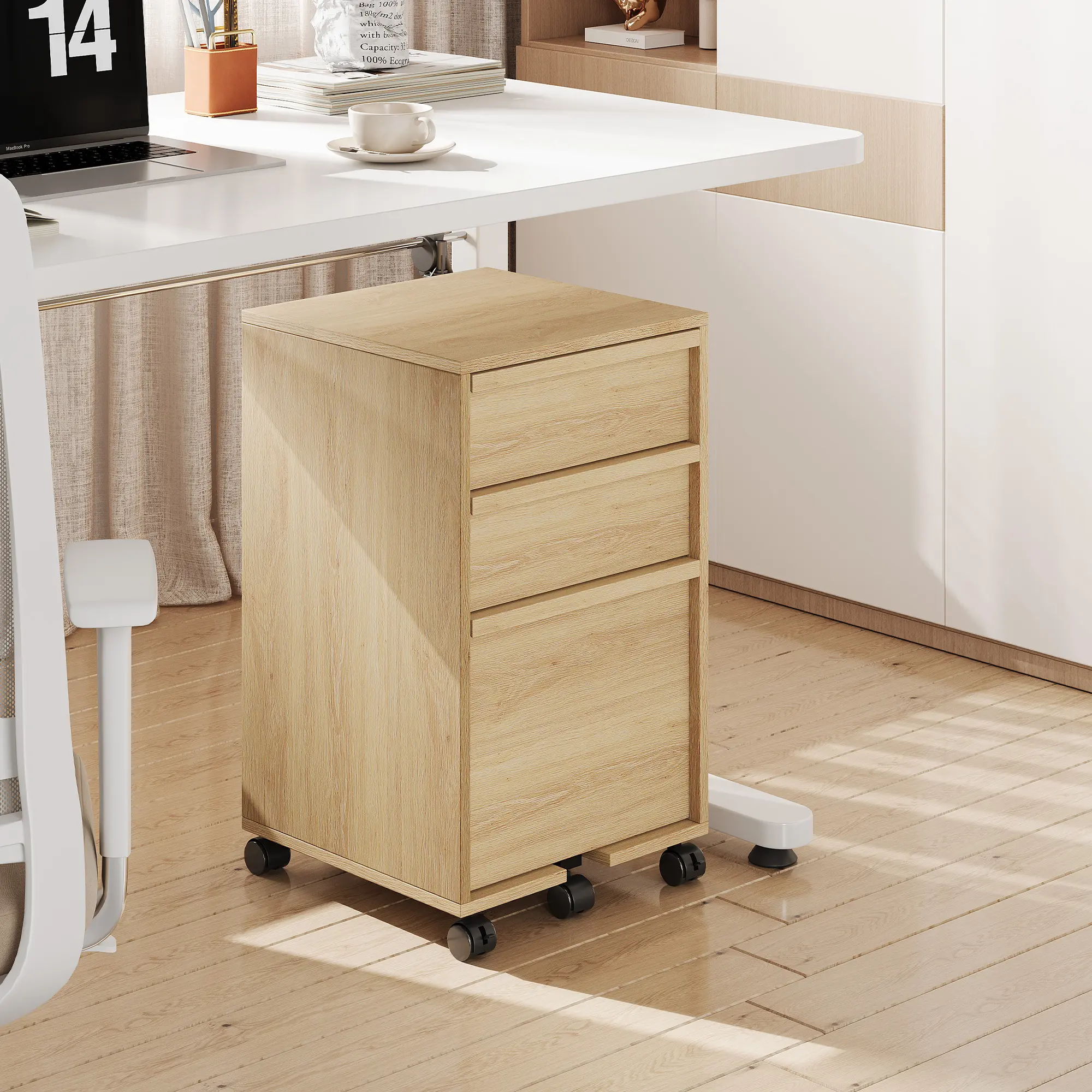 3-Drawer Rolling File Cabinet with Wheels, Wood Mobile Filing Cabinet for Home Office, Under Desk Storage Cabinet with Large File Drawer & Locking Casters, Printer Stand Organizer