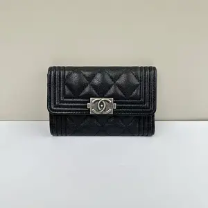 Pre-owned CHANEL Caviar Card Holder Le Boy Flap Quilted Black LNL0418