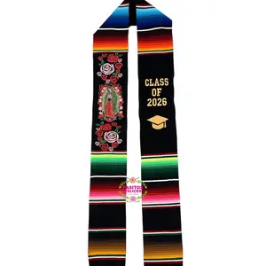 2026 Virgen - Pink Red Roses Black Stole Sarape Sash IN STOCK