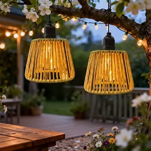 Handcrafted Rattan Pendant Lamp, Modern Bohemian Style, Boho Style, with Timer Function and IP44 Outdoor Rating, Decoration. Suitable for Living Rooms, Bedrooms, Balconies and Courtyards. Battery-powered for Cordless Installation (batteries Not Included).