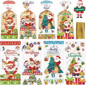 100 count Merry Christmas  Bags - Clear Xmas Cellophane  Goodie Bags, Plastic Santa Claus Goody Candy Snack Bag with Twist Ties for Winter Christmas Themed Party Supplies Favors, 4 Styles
