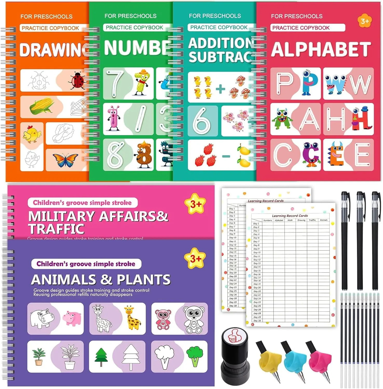 Magic Practice Copybook Set for Kids Ages 3-8, 6 Reusable Grooved Handwriting Workbooks, Alphabet, Numbers, Addition & Subtraction, Drawing, Animals & Plants, Military & Traffic, 3 Magic Pens, 10 Refills, Pen Grips, Ink Stamp, Preschool Learning Toy
