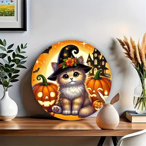 8x8 in Chic Round Cast Iron Plaque - Halloween Witch, Kitten & Pumpkin Wall Art for Home Decor & Outdoor Use, Easy-Hanging Spooky Sign Perfect for Gifting (Black, Blue Flower Design)