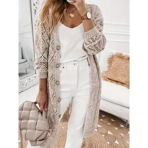 Solid Pointelle Cardigan, Casual Button Front Long Sleeve Cardigan, Women'S Clothing