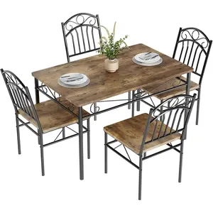 5-Piece Retro Industrial Dining Table Set in Natural Vintage Brown Color for Breakfast Nook & Small Spaces with Matching Chairs Farmhouse Style