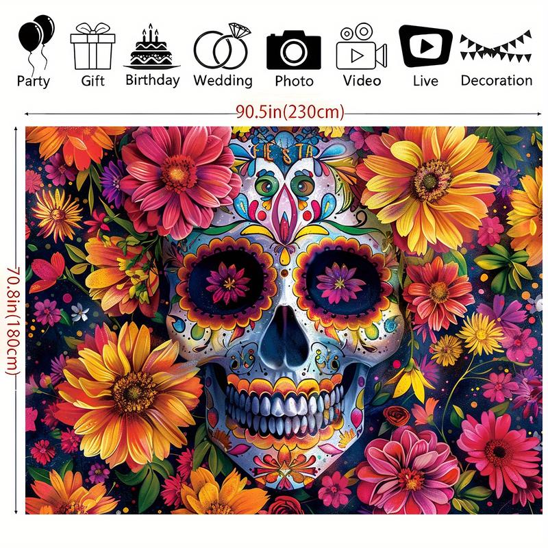 1pc Large Sugar Skull Floral Party Banner - Vibrant Mexican Day of the Dead Decoration with Floral Patterns, Extra Long Backdrop for Halloween, Dia de los Muertos, Wedding, Birthday, Home Decor - Easy Hang No Electricity Needed - Durable Polyester Fabric,