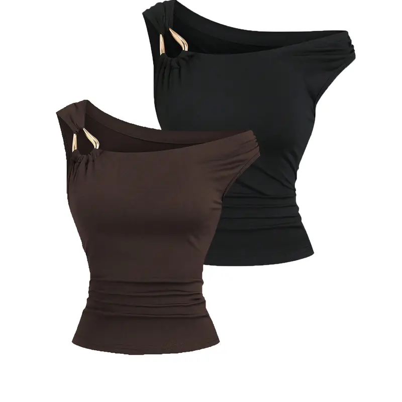Women's Slim Fit Asymmetrical Neckline Top Set, Casual Elegant Sleeveless Fitted, Elegant Classy Tops, Multifunctional Casual Wear, Spring & Fall Fashion Striped Design, 2 Pieces