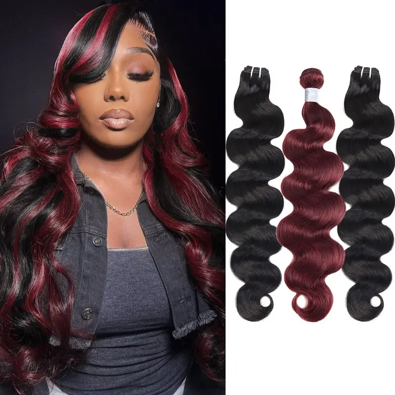 GLULAZE 1B/99J Highlight Colored Human Hair Bundles, Burgundy Body Wave Extensions, 3-Piece Premium Raw Silky Smooth No-Shedding Human Hair Pieces