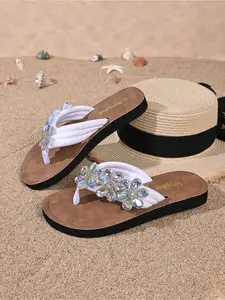 Women's Rhinestone Flower Flip Flops Summer Non-slip Thong Sandals Beach Shoes for Vacation