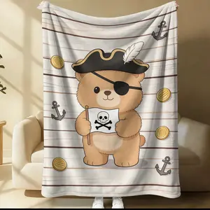 Pirate Bear Flannel Blanket, Skull & Crossbones Bear Blanket, All-Seasons Use, Multiple Sizes Available,Perfect for Snuggling, Napping & Decorating Kids' Bedrooms with Playful Adventure Vibe