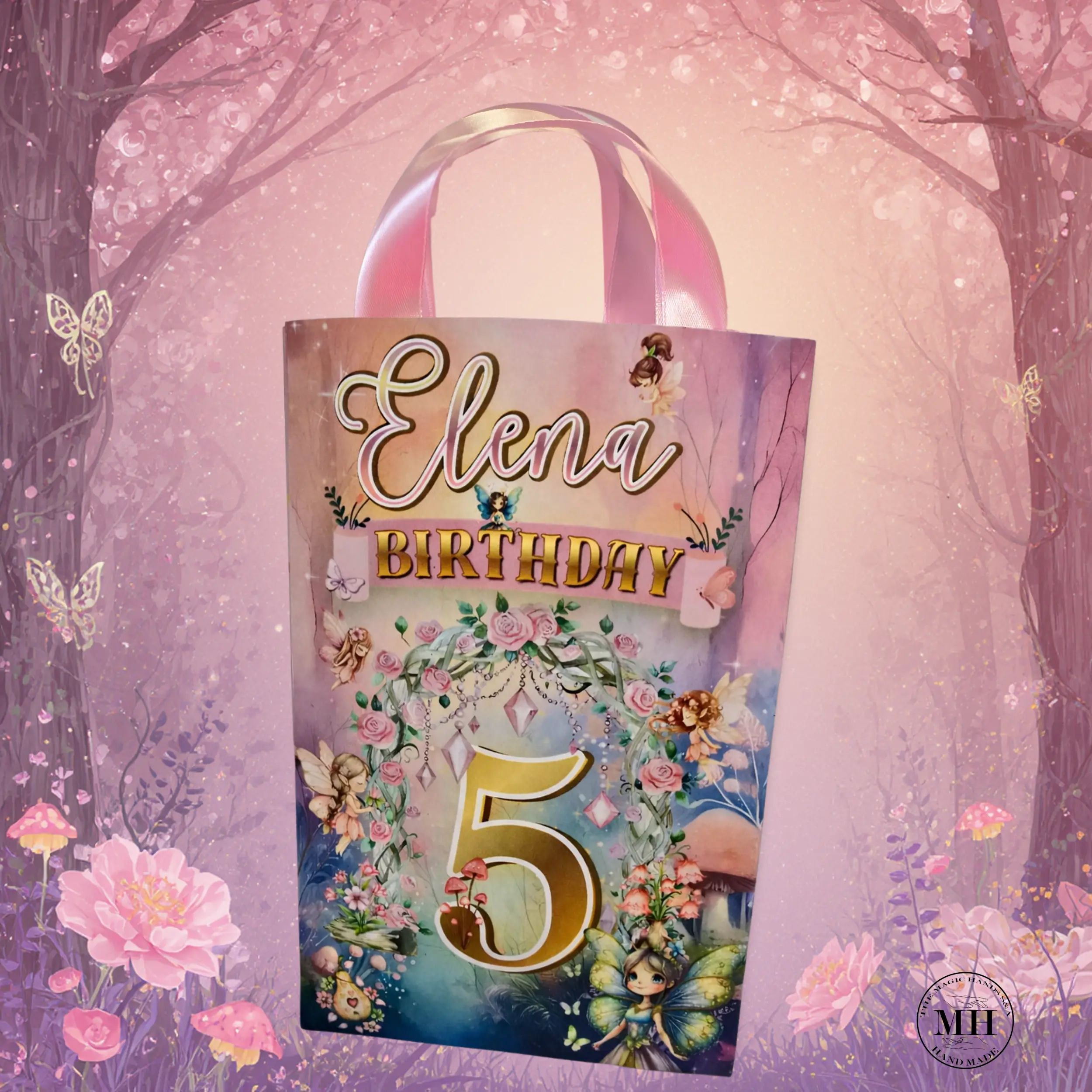 Personalized Enchanted Forest Theme Party Gift Bag Set (12-Piece), 8.5"x5.5" Durable Cardstock Bags with Ribbon Handles, Name+Age Print, Festive Supplies for Fairy Tale & Woodland-Themed Events