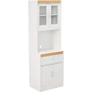 NEW Long Standing Kitchen Cabinet with Top and Bottom Enclosed Cabinet Space, One Drawer, Large Open Space for Microwave, White