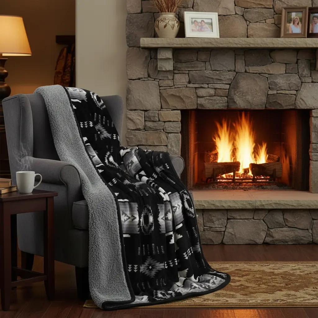 Nu Trendz Southwest Navajo Print Sherpa-Lined Throw Blanket 1611, 100% Polyester Full Synthetic Microfiber, 50x60 in, Ultra-Soft Plush Warm, Western-Aztec Ethnic Print, for Couches, Room Decor, Throw Blankets, Western Blankets
