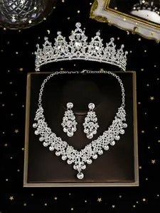 Elegant Rhinestone Decorated Crown & Necklace & Dangle Earrings, Wedding Bridal Jewelry Set, Fashion Accessories for Party, Daily Clothing Decor, Jewellery