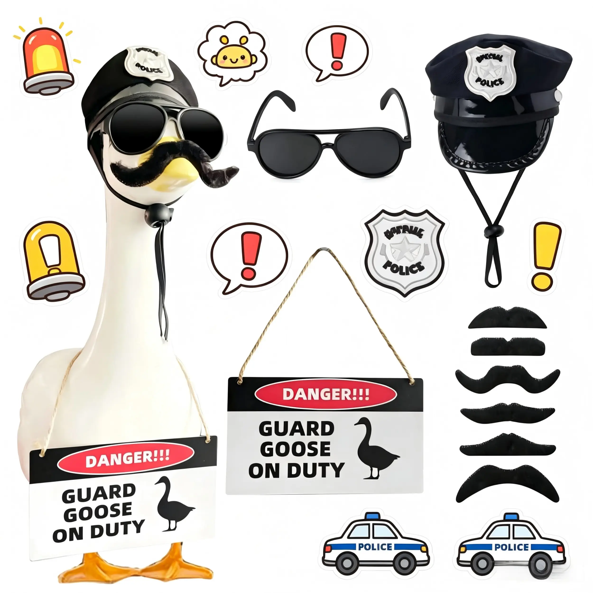 23" Plastic Guard Police Porch Goose Costume Kit - Unisex Cop Hat, Sunglasses, Mustaches, On Duty Sign, Lightweight Waterproof Humor Lawn Statue Decor, Party Props with Drawstring, DIY Specialty Accessories Gift