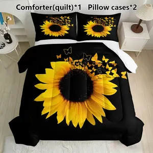 Sunflower & Butterfly Bedding Set, Includes 1 Comforter and 2 Pillowcases, Floral Bedroom Decor, Perfect for Cozy Nights