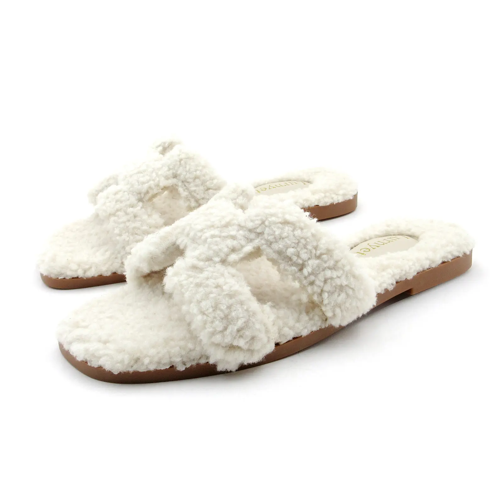 Women's White Fuzzy H-Strap Slide Slippers, Fluffy Open Toe Flat Sandals for Indoor Home & Casual Outdoor Wear