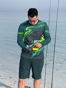 Men's Long Sleeve Fishing Pattern T-Shirt, Deep Fish Print, Striped Elements, Sporty Style, Outdoor Fishing