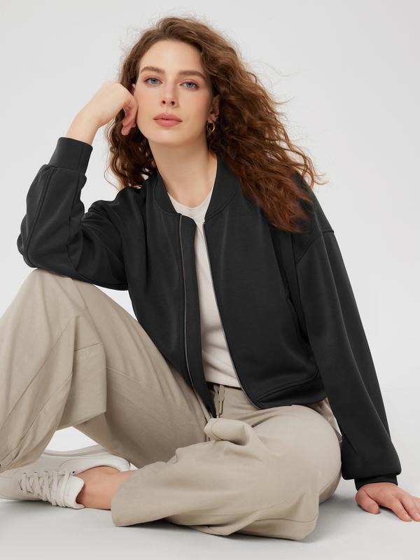 ODODOS Modal Soft Full-Zip Bomber Jacket for Women Long Sleeve Casual Fall Outfit Crop Top with Pockets