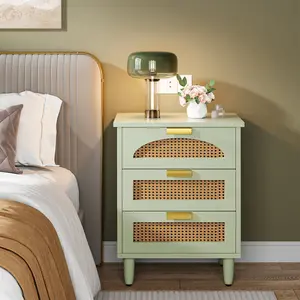 Tribesigns Rattan Night Stand, Mint Green Nightstands with Drawer Storage, 3-Drawer Bed Side Table End Table for Bedroom Living Room Sofa Office