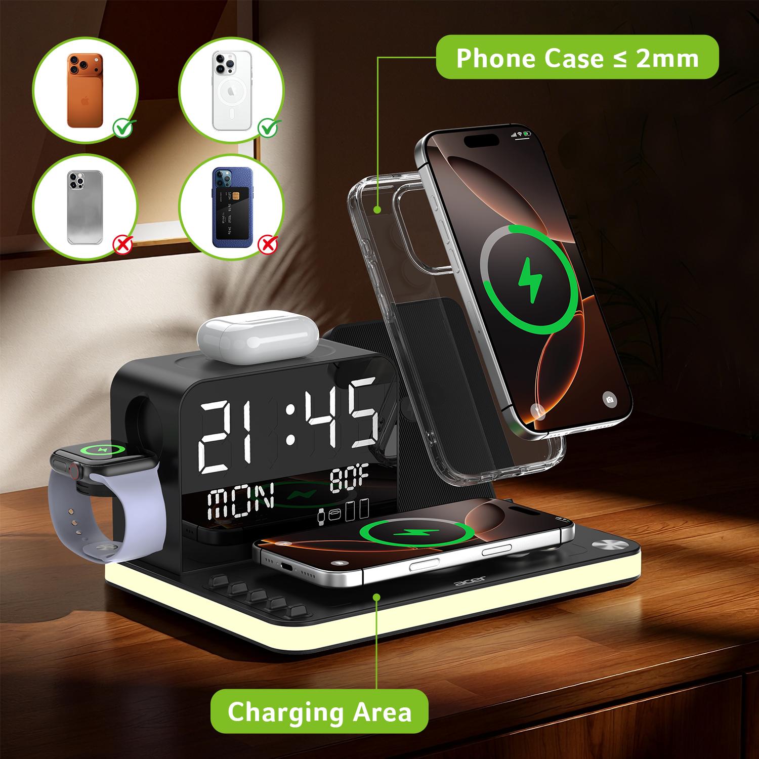 Acer 7 in 1 Wireless Charging Station with Fast Wireless Charger, LED Night Light, Bluetooth Time Sync Clock & Temperature Display, USB-A & USB-C, Magnetic MagSafe – for iPhone, Android Phone, Apple Watch & AirPods, Gift Acer 7 in 1 Wireless Charging Station with Fast Wireless Charger, LED Night Light, Bluetooth Time Sync Clock & Temperature Display, USB-A & USB-C, Magnetic MagSafe – for iPhone, Android Phone, Apple Watch & AirPods, Gift