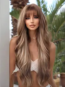 28inch Platinum Blonde Color Highlight Brown Long Wavy Wigs for Women, Gorgeous Fluffy Wigs with Air Bangs, Synthetic Wigs for Party, Daily Use, Synthetic Hair Wig