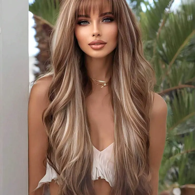 28inch Platinum Blonde Color Highlight Brown Long Wavy Wigs for Women, Gorgeous Fluffy Wigs with Air Bangs, Synthetic Wigs for Party, Daily Use, Synthetic Hair Wig, Synthetic Material Wigs
