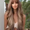 28inch Platinum Blonde Color Highlight Brown Long Wavy Wigs for Women, Gorgeous Fluffy Wigs with Air Bangs, Synthetic Wigs for Party, Daily Use, Synthetic Hair Wig, Synthetic Material Wigs