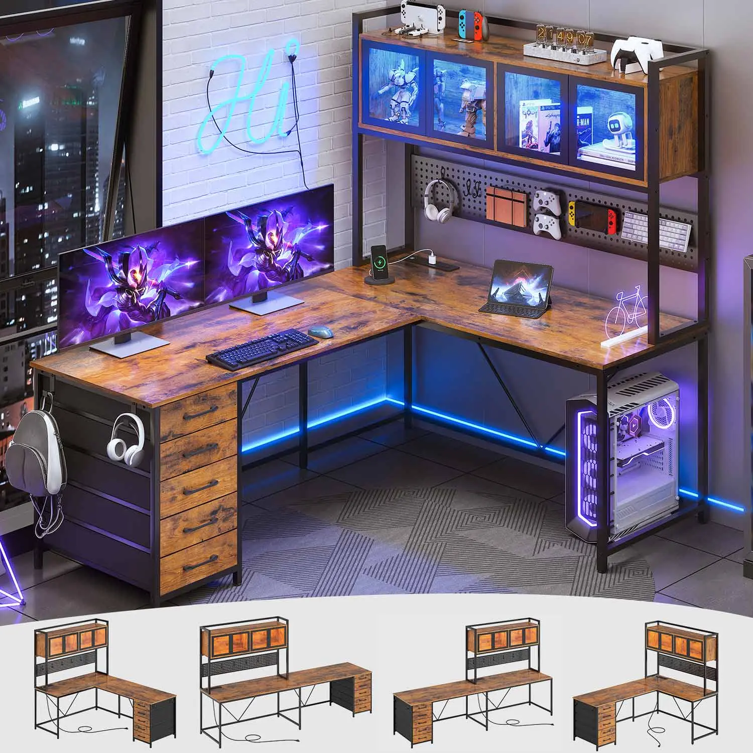 Sedeta L-Shaped Gaming Desk - Reversible 2-Person Office Furniture with Hutch, Customizable Storage, Monitor Stand Compatibility, Headphone Storage for Home Office Gamers, Two Person Desk