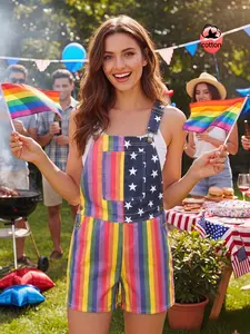 Women's Rainbow Stripe Denim Overall Shorts, Adjustable Straps, Button Details, Patriotic Design, Casual Streetwear, Independence Day Party