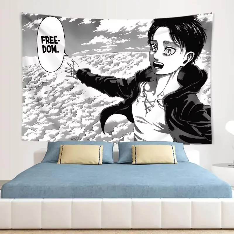 Eren Yeager Freedom Attack On Titan Kawaii Manga Poster Tapestry, Ready-To-Hang Canvas Gallery Wrap Wall Decor, Bedroom Tapestry Wall Hanging for Room Accent