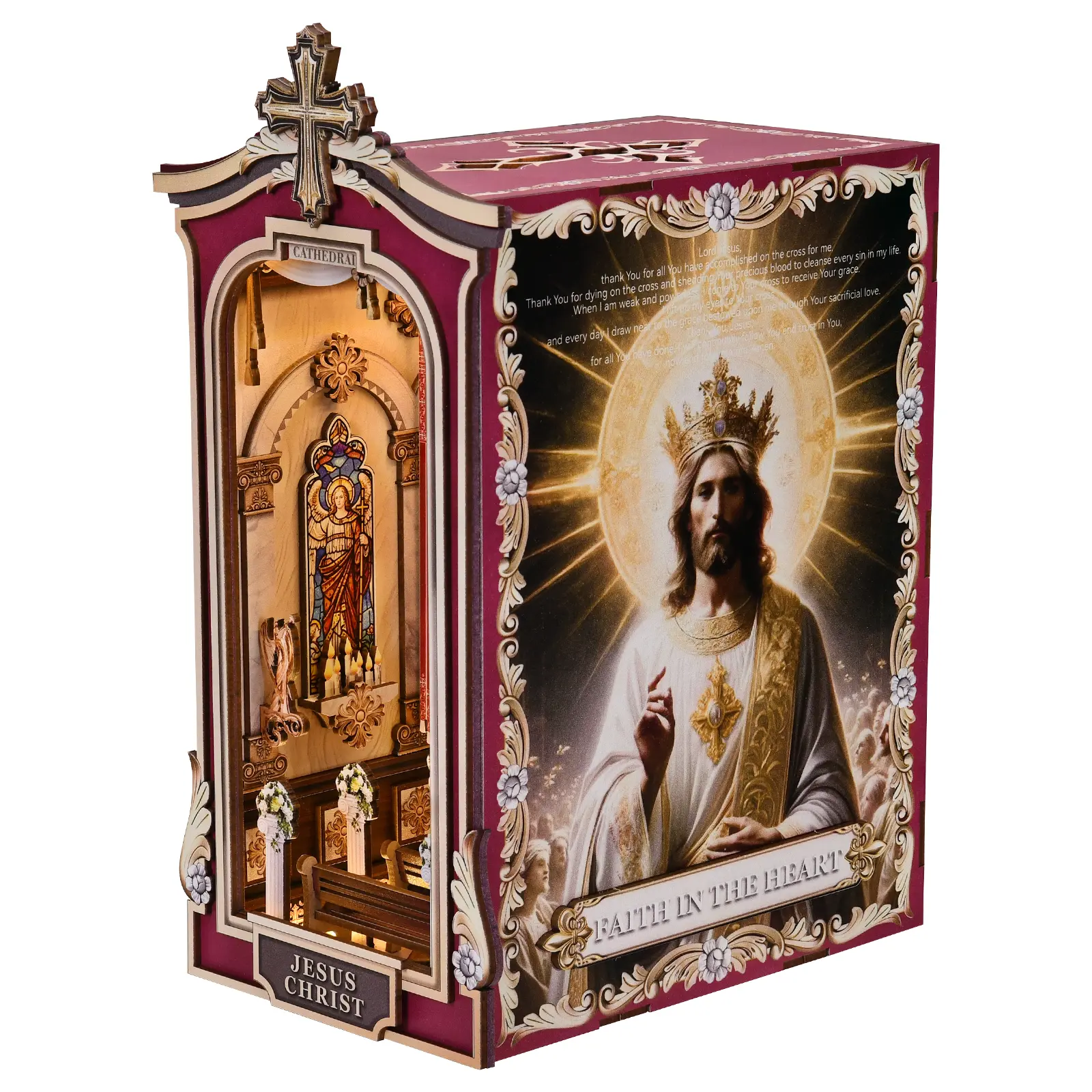 3D Wooden DIY Book Nook Kit + Bookend Spiritual Home Decor Bookcase LED Bookshelf Decor Jesus Christ Cathedral Religious Wood Craft + Book Organization for Home DIY Religious Hobbyist + Cathedral LED Light + Home Decor Hobby Gift Solid Wood Solid Wood tik
