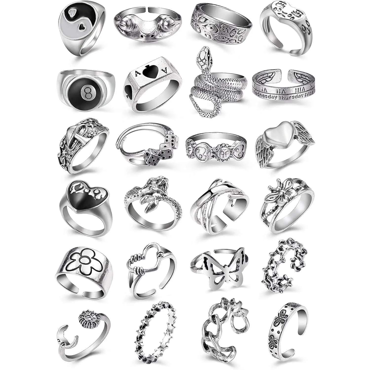 Vintage Silver Open Punk Rings for Men Women, 24 count Adjustable Rings, Alt Rings, Chunky Silver Rings, Bulky Rings, Hippie Rings ,Cool Gothic Ring,Statement Stacking Ring,  Snake Star Flower Heart Eboy Emo Y2K Ring